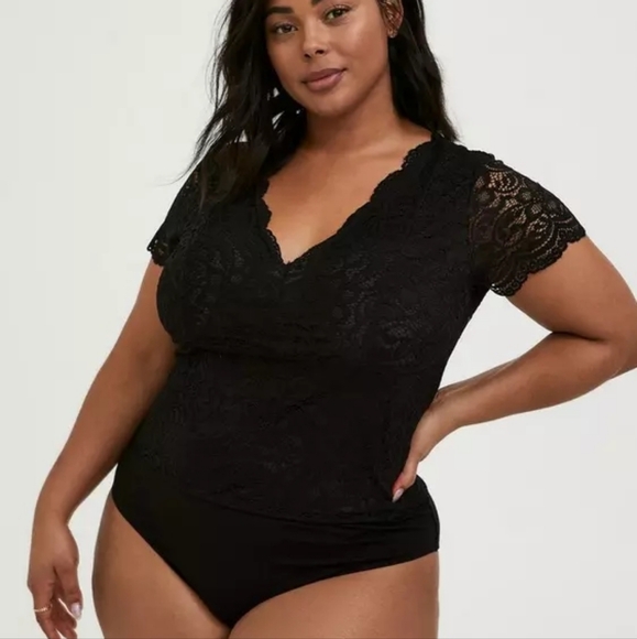 Torrid Curve Tops - Torrid Black Lace V-Neck Bodysuit